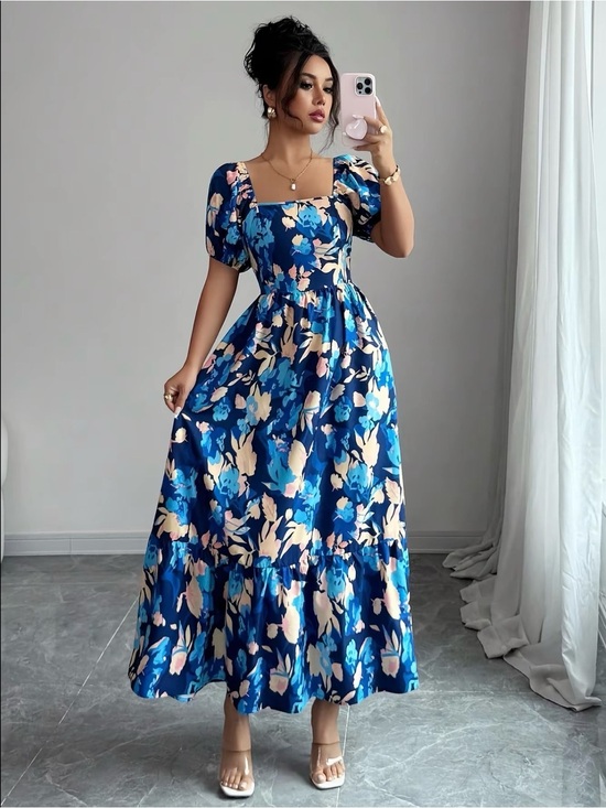 The Real Clean Company Dresses & Skirts - Blue Floral Square-Neck Maxi Dress Size L NWOT